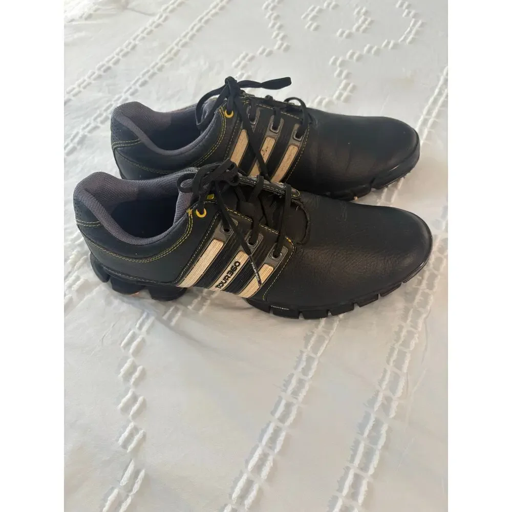 Adidas Tour360 Black Leather Spiked Golf Shoes Stability Comfort Traction 8.5